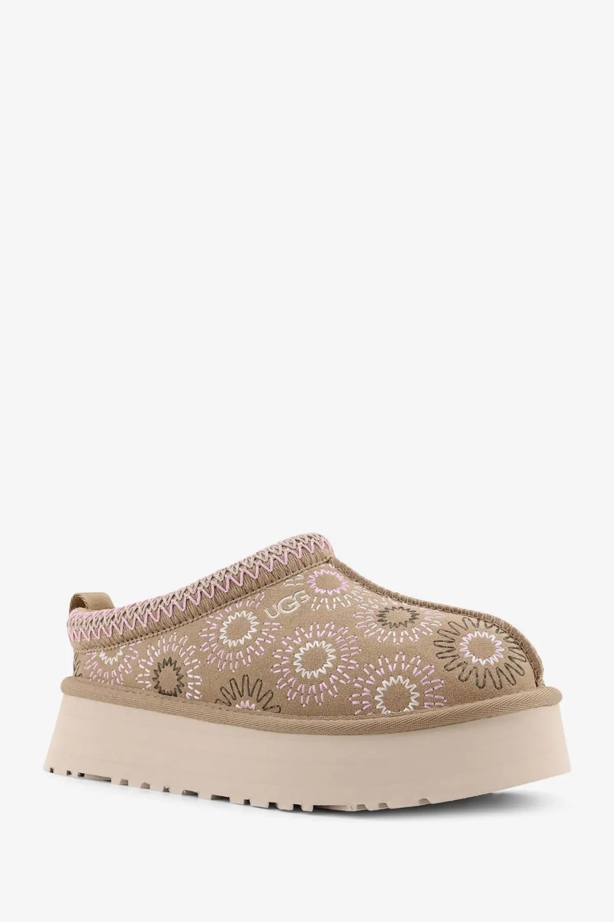 UGG women’s Tazz suede beige slip-on mule with embroidered floral pattern and pink stitching