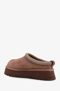 Ugg women’s tazz beige suede slip-on mule shoe with textured patterned trim and thick platform sole
