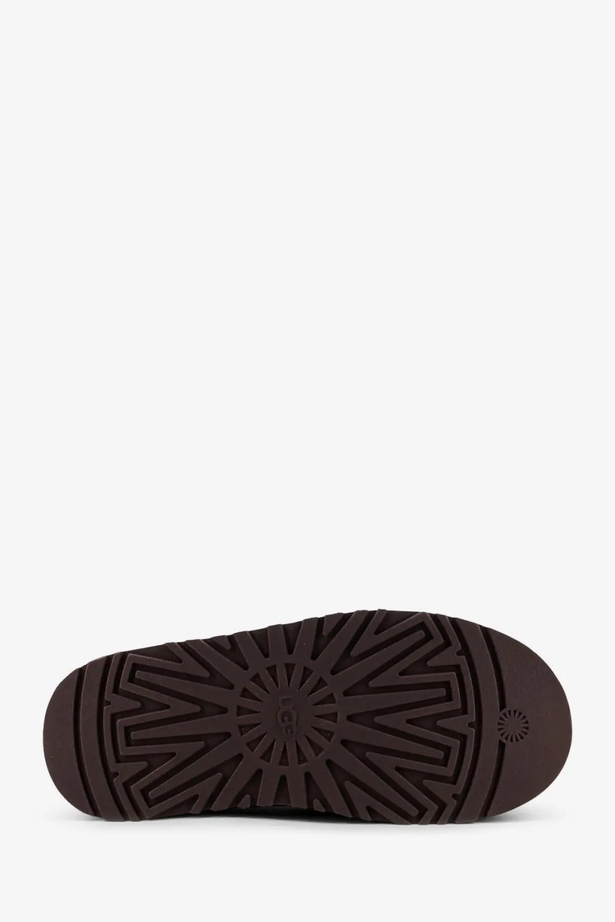 Dark brown rubber sole with radiating tread pattern and ugg logo on ugg women’s tazz suede slip beige slippers