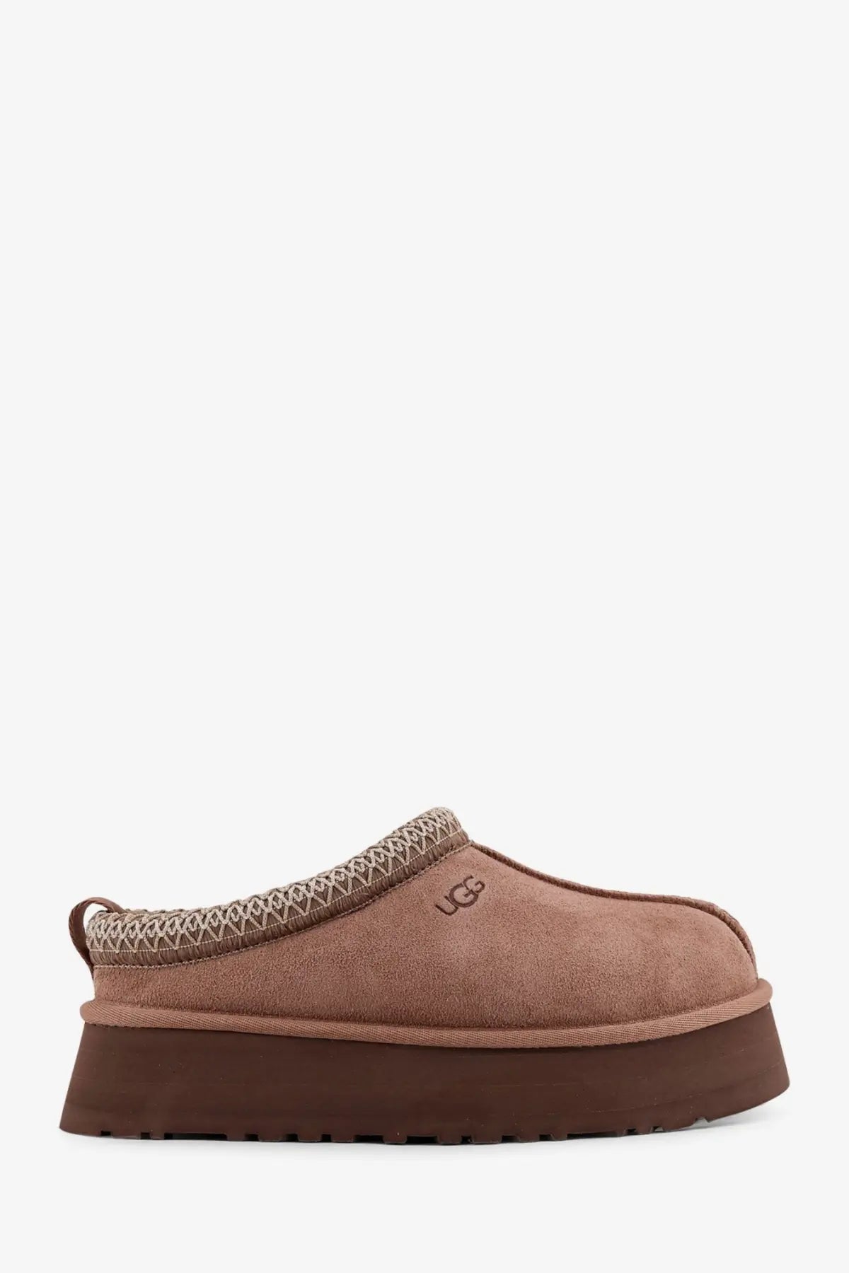 Ugg women’s tazz suede slip beige tan slip-on mule with brown rubber sole and decorative braided trim