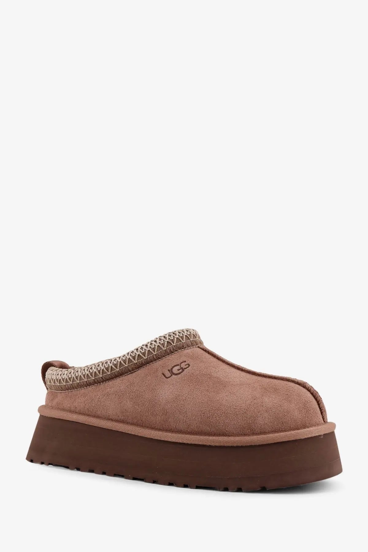 Ugg women’s tazz slip beige tan suede slip-on mule with brown platform sole and geometric patterned trim