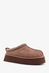 Ugg women’s tazz slip beige tan suede slip-on mule with brown platform sole and geometric patterned trim