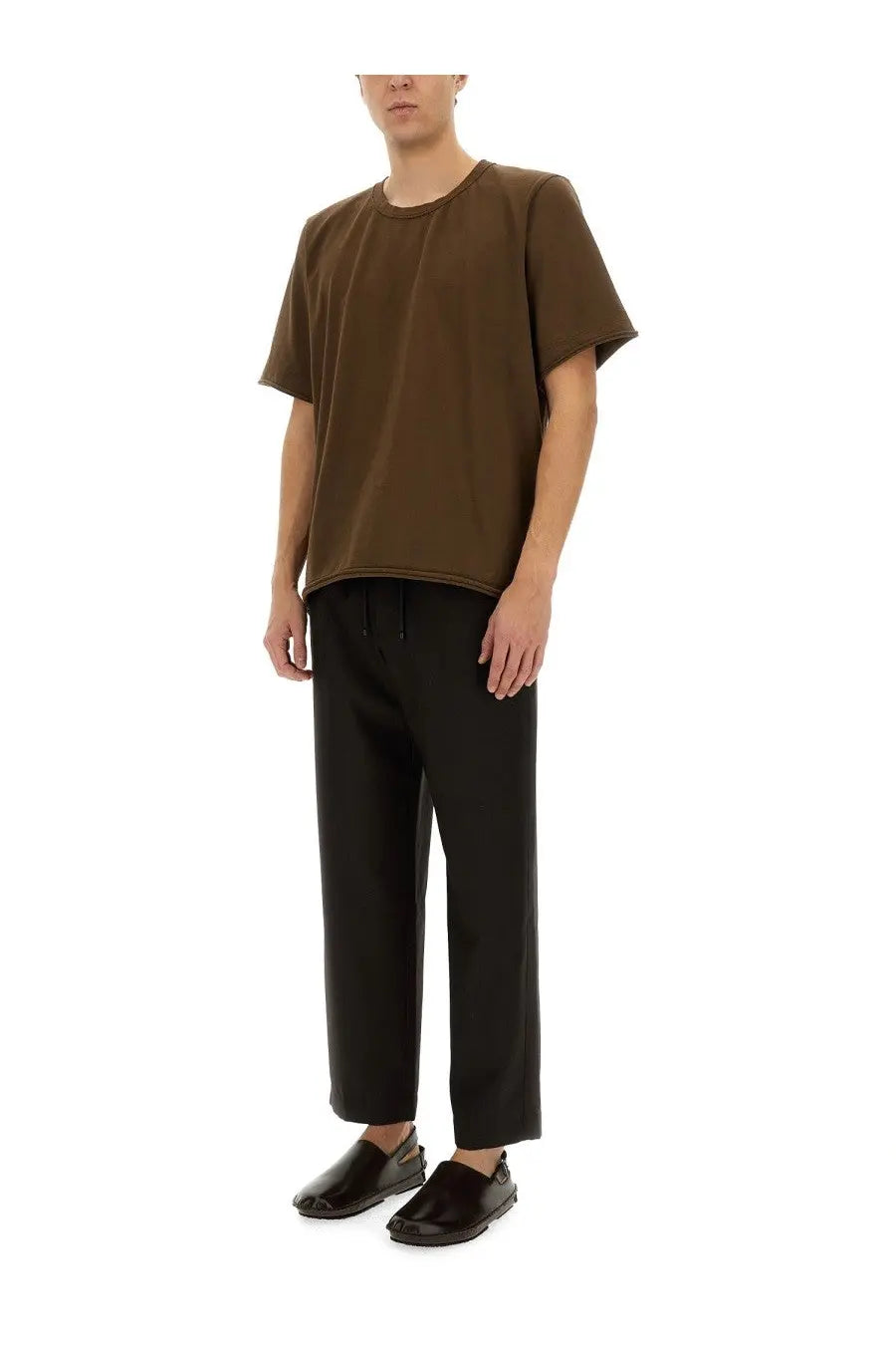 Uma Wang men’s cotton shirt brown featuring a minimalist olive green short-sleeved relaxed fit with subtle seam detailing