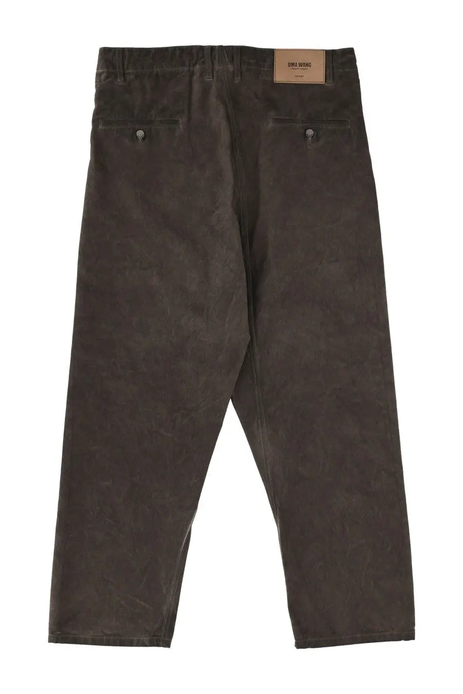 Dark olive green waxed cotton relaxed fit trousers with buttoned back pockets showing the back side