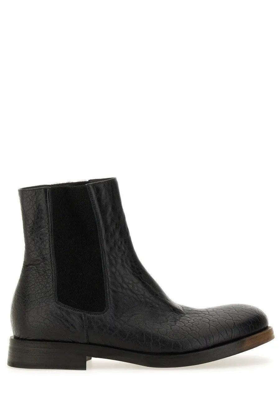 Uma wang men’s black leather chelsea boot with croc embossing and elastic side panels