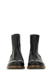 Uma wang men’s leather boot black black crocodile-embossed leather ankle boots with brown wooden sole front view