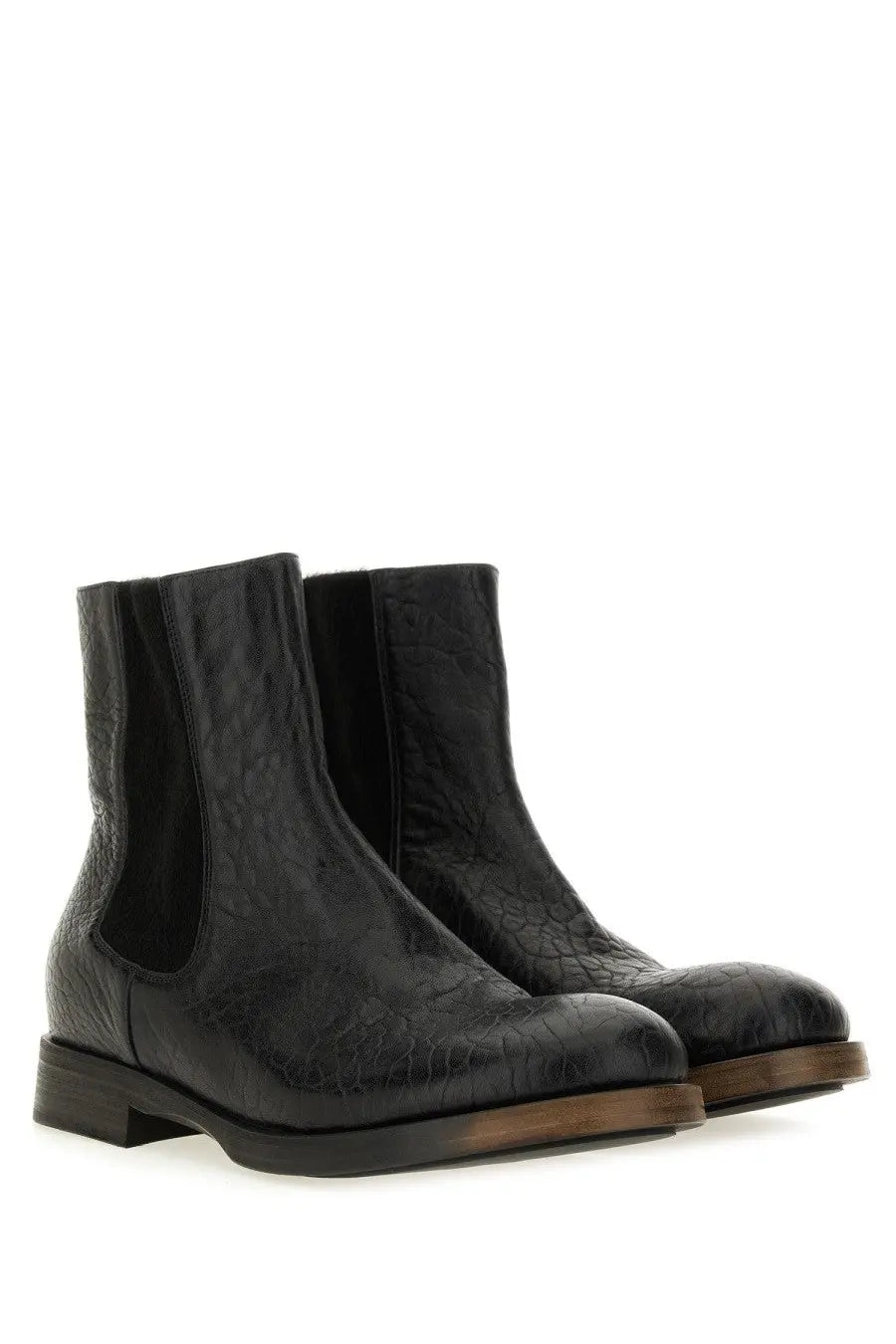 Uma Wang men’s leather boot black with black crocodile-embossed leather, low block heel, and wooden sole
