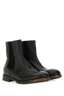 Uma Wang men’s leather boot black with black crocodile-embossed leather, low block heel, and wooden sole