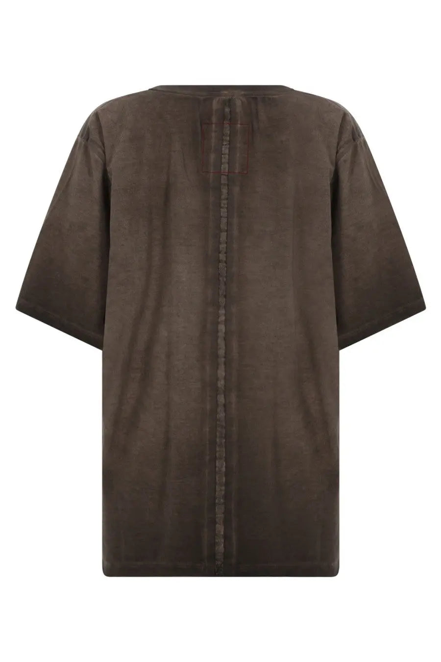 Uma wang men’s overdyed shirt brown showing the back with dark brown oversized short sleeves and vertical seam detail