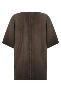 Uma wang men’s overdyed shirt brown showing the back with dark brown oversized short sleeves and vertical seam detail