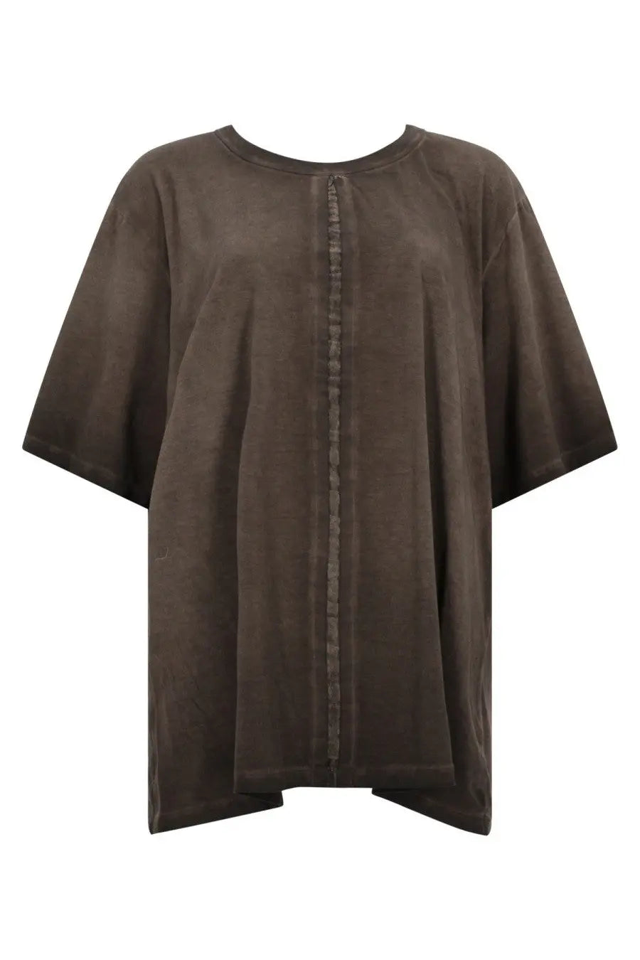 Uma Wang men’s overdye shirt brown in loose-fitting dark brown suede with round neckline and short sleeves