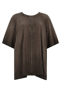 Uma Wang men’s overdye shirt brown in loose-fitting dark brown suede with round neckline and short sleeves