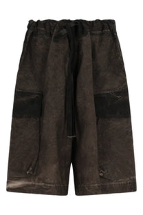 Uma wang men’s panther shorts in dark brown textured fabric with drawstring waist and black patch pockets