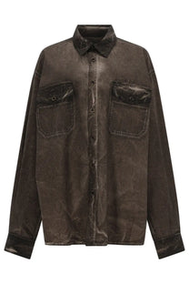 Uma Wang men’s tavis shirt brown with dark brown textured fabric and black leather patches on chest pockets