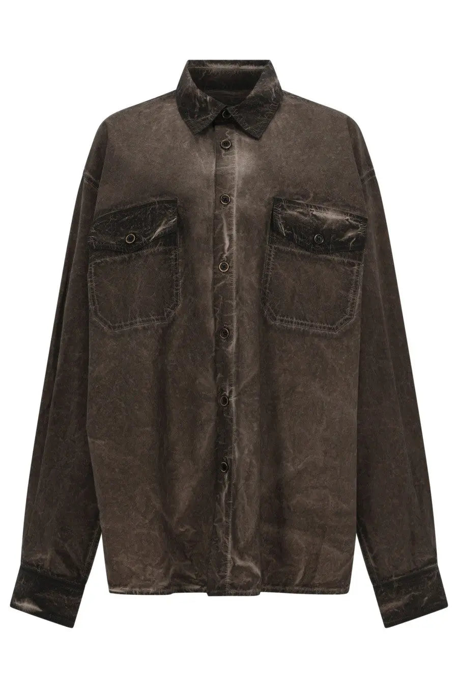 Uma Wang men’s Tavis shirt brown with dark brown textured fabric and black leather-like chest pocket patches
