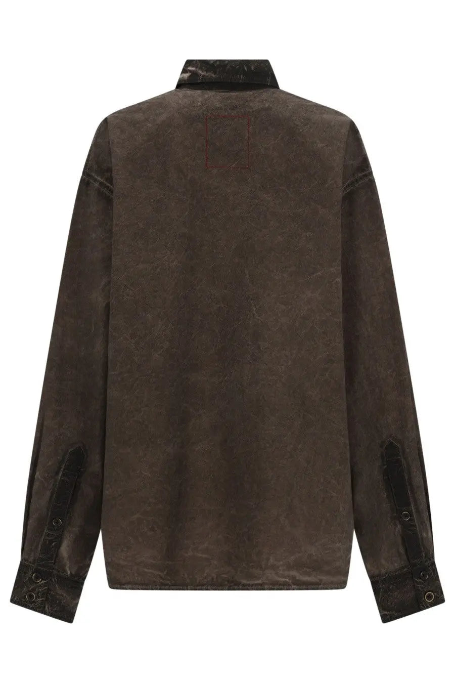 Uma wang men’s tavis shirt brown dark brown textured denim with subtle distressed finish and black contrasting cuffs
