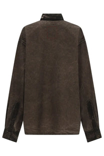 Uma wang men’s tavis shirt brown dark brown textured denim with subtle distressed finish and black contrasting cuffs