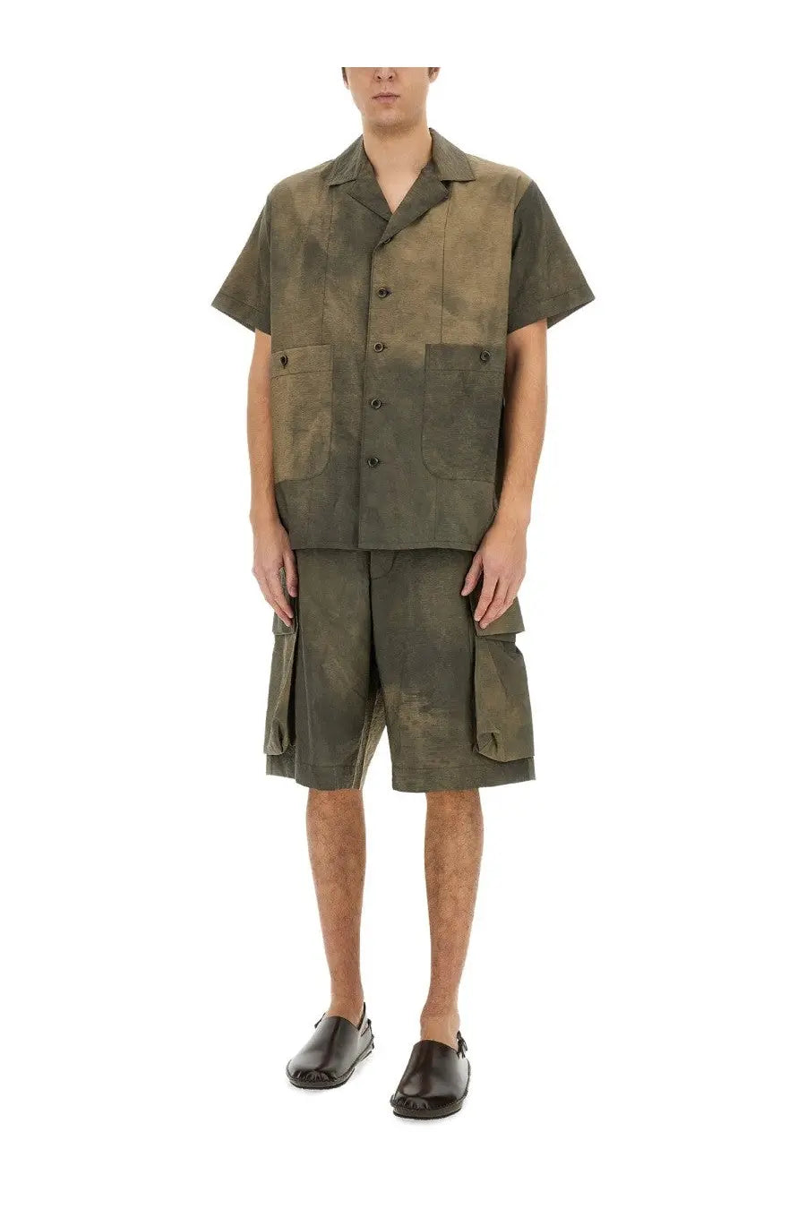 Olive green camouflage pattern Uma Wang men’s terry shirt grey with short sleeves two front pockets and button closure