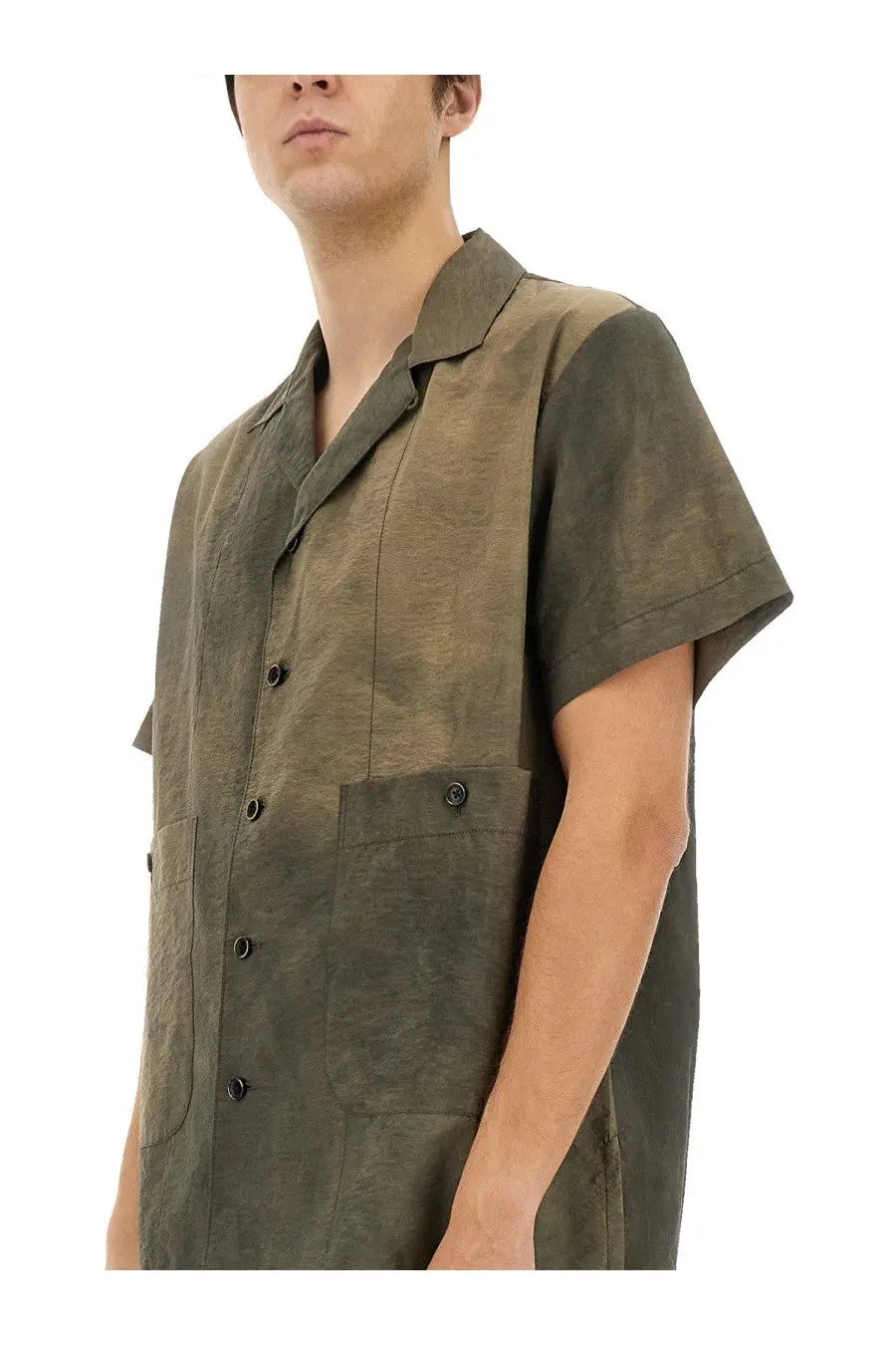 Olive-green linen men’s shirt with short sleeves and buttoned front pockets by uma wang terry shirt grey collection
