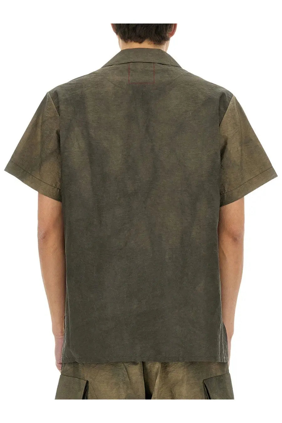 Uma Wang men’s terry shirt grey in olive green short sleeves with subtle texture and red stitching on collar