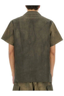 Uma Wang men’s terry shirt grey in olive green short sleeves with subtle texture and red stitching on collar