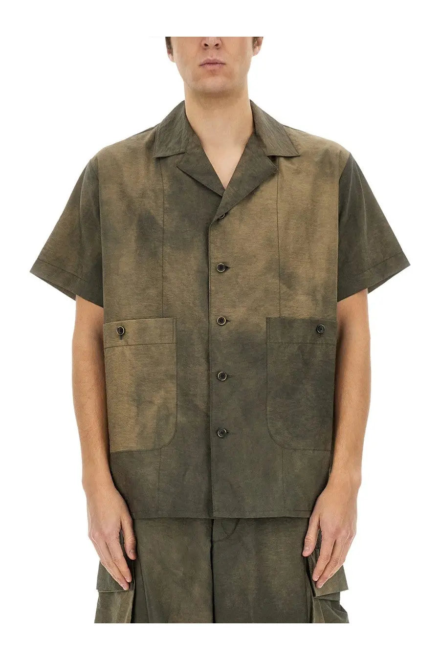 Uma Wang men’s terry shirt grey olive green tie-dye short-sleeved vest with button closures and two front pockets