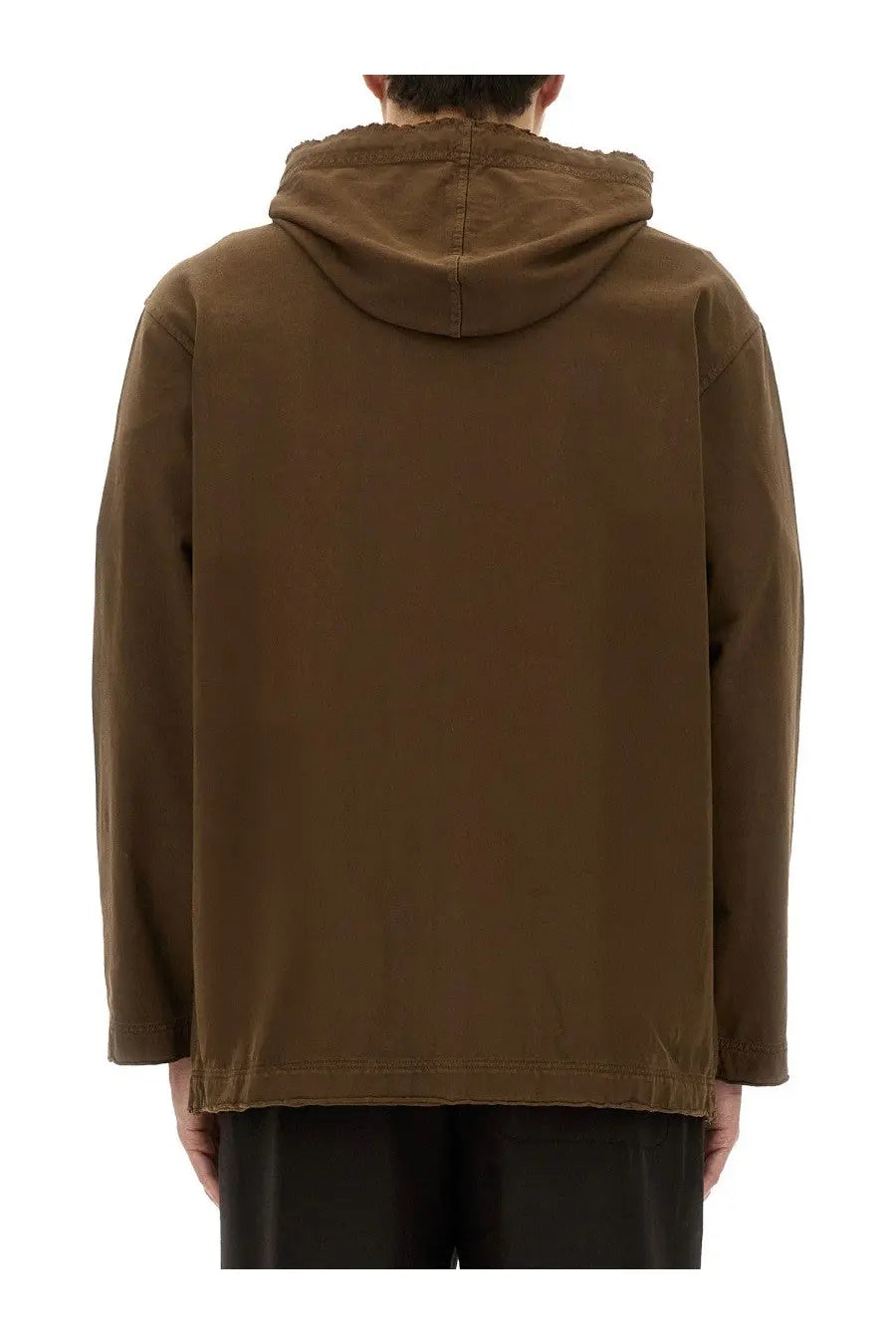 Uma Wang men’s zipper hoodie in brown with soft textured fabric and ribbed cuffs for comfortable wear