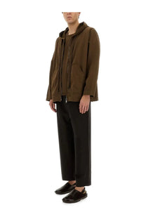 Uma Wang men’s brown hooded jacket with front zipper and two side pockets made from durable material