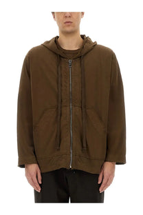 Uma Wang men’s brown hooded zip-up jacket with drawstrings and front pockets made from soft fabric