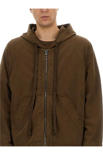 Uma wang men’s brown hooded zip-up jacket with drawstrings and front pockets designed for casual wear