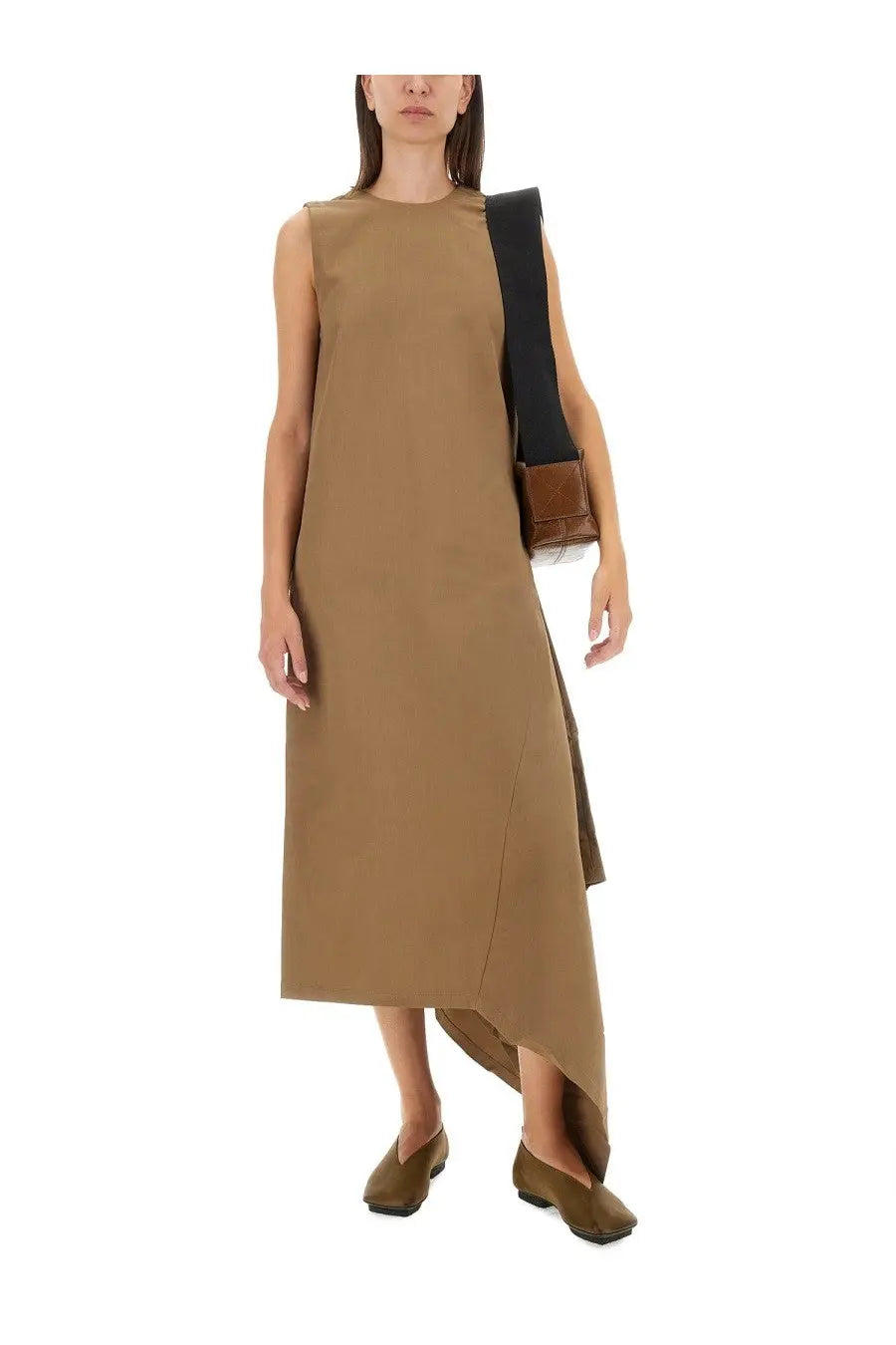 Uma Wang women’s aura dress beige minimalist sleeveless midi dress with asymmetrical hemline and black shoulder strap detail