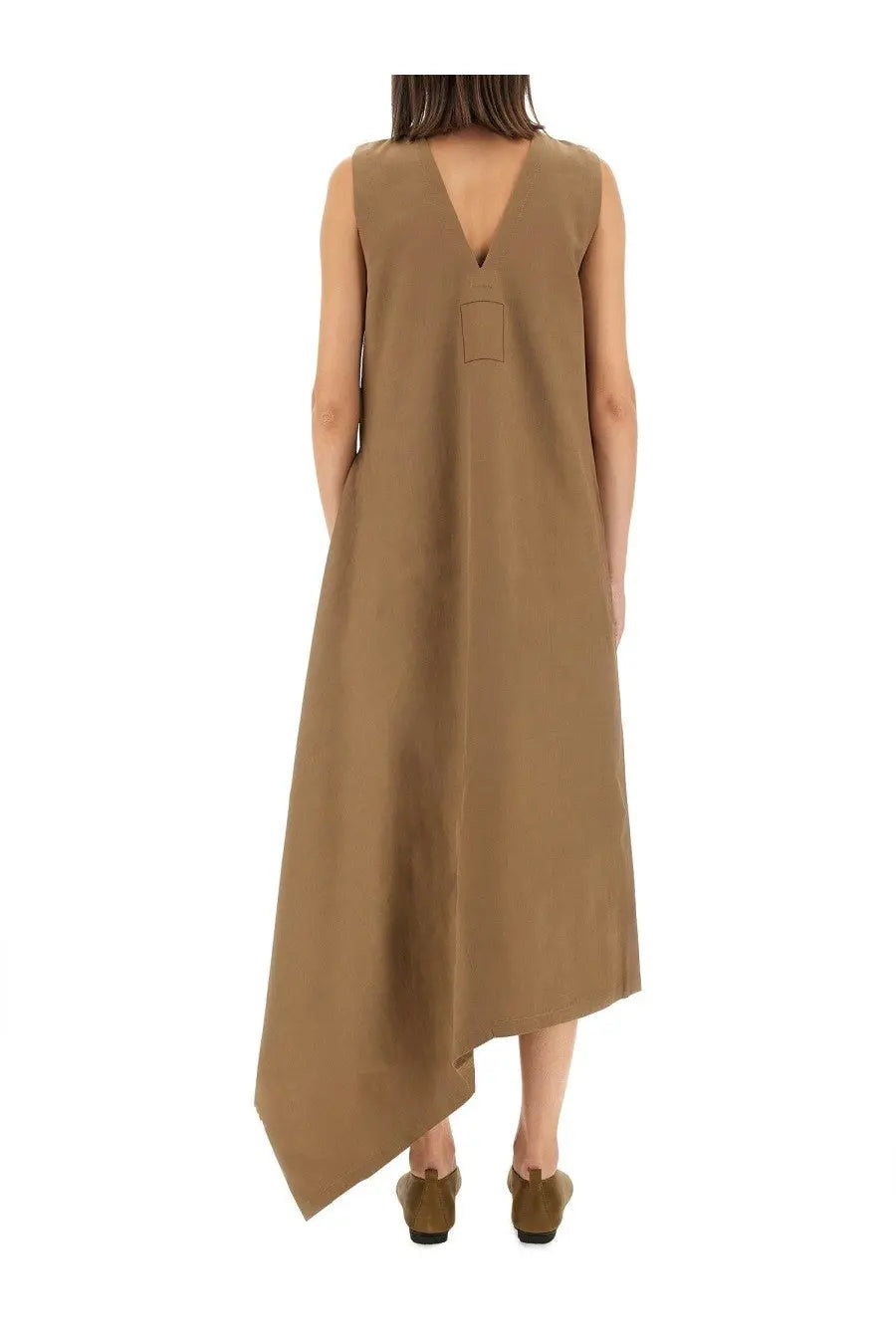 Uma Wang women’s aura dress beige sleeveless tan v-back with asymmetrical hemline shown from the back side