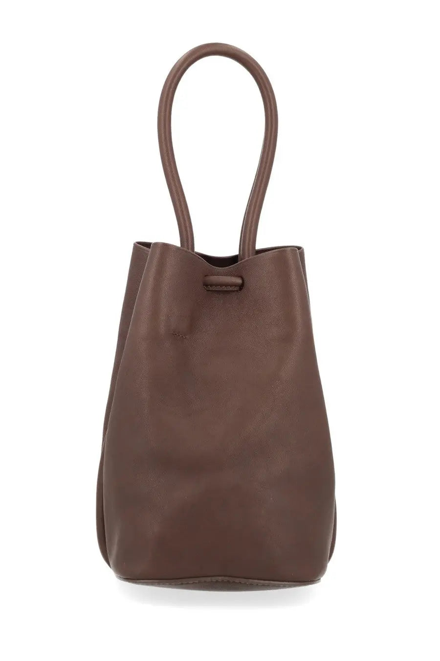 Uma wang women’s small brown leather bucket bag with rounded top handles and drawstring closure