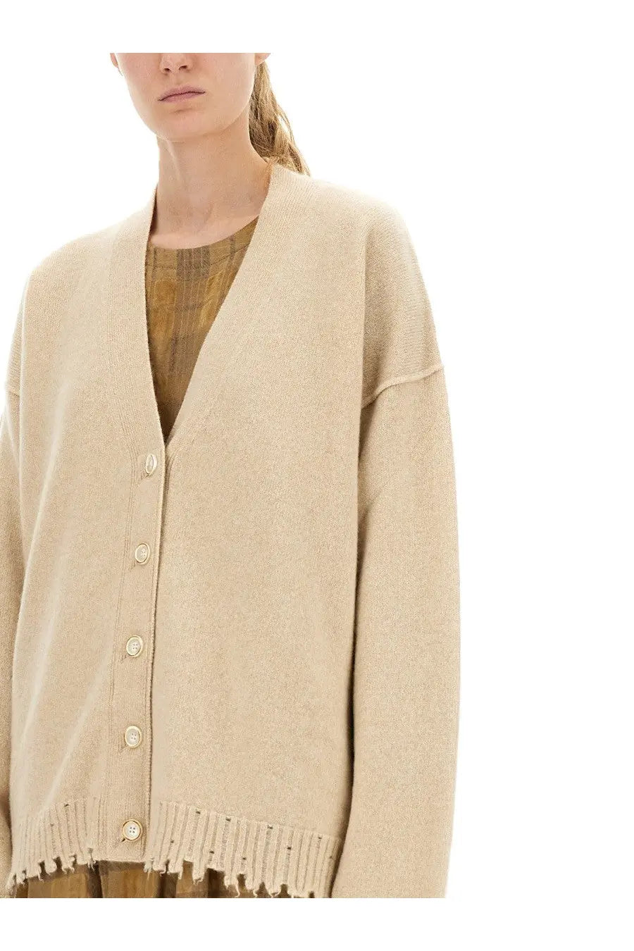 Uma Wang women’s beige cashmere knit cardigan with frayed hem and button closures