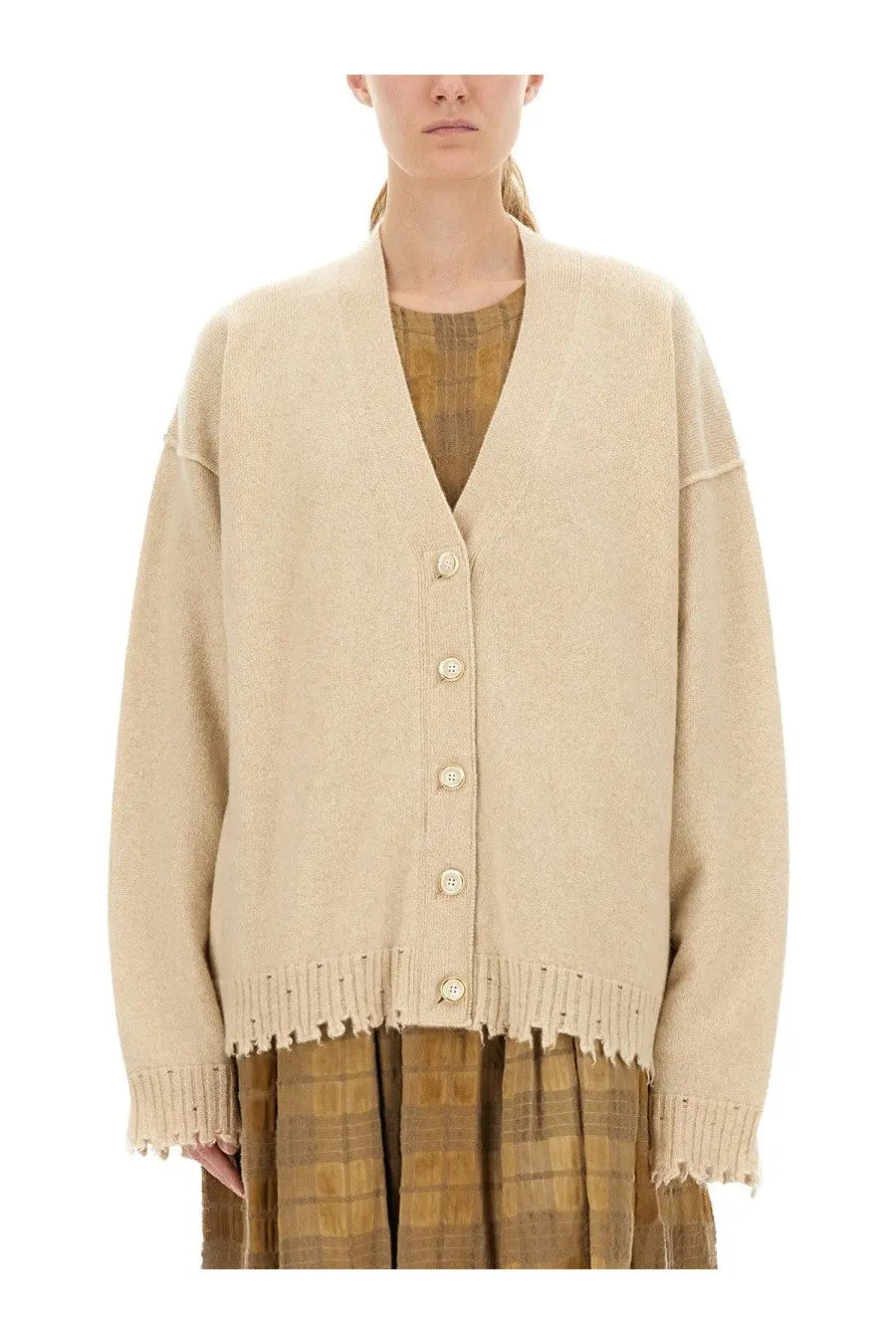 Beige oversized uma wang women’s cashmere cardigan with v-neckline frayed hem and cuffs matching buttons