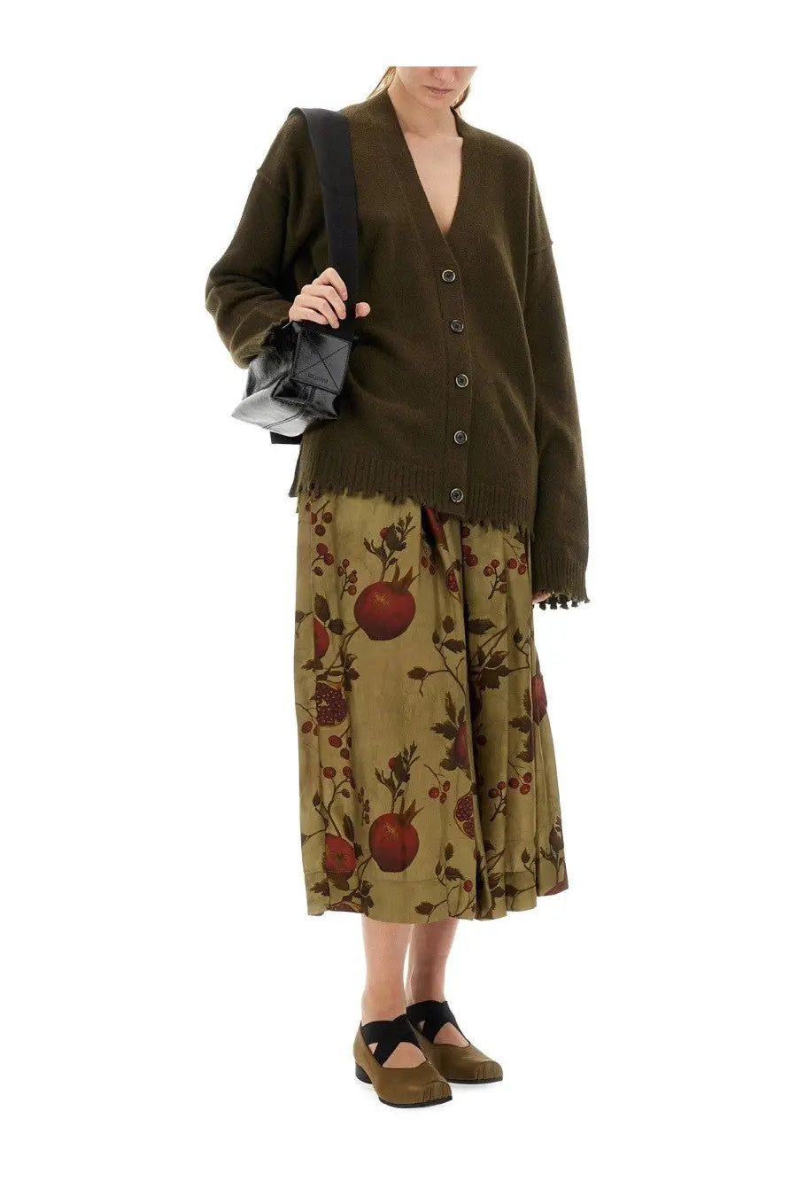 Uma wang women’s olive green cashmere cardigan with button closure and frayed hem front view