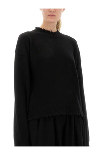 Uma Wang women’s black cashmere sweater with long sleeves frayed crew neckline and ribbed hem