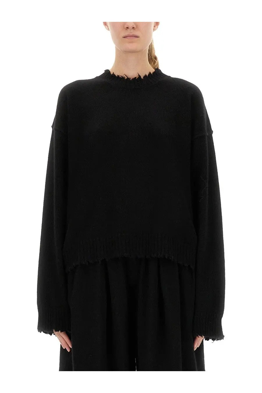 Uma wang women’s black oversized cashmere sweater with frayed hem and cuffs showing the front side