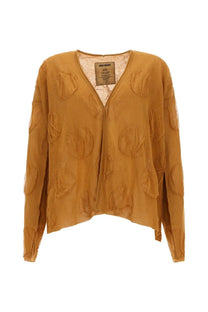 Uma Wang women’s fine knit cardigan beige mustard yellow semi sheer with raised floral appliqués and v neckline