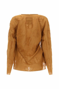 Uma Wang women’s fine knit cardigan beige with tan long-sleeved floral textured blouse and subtle sheen