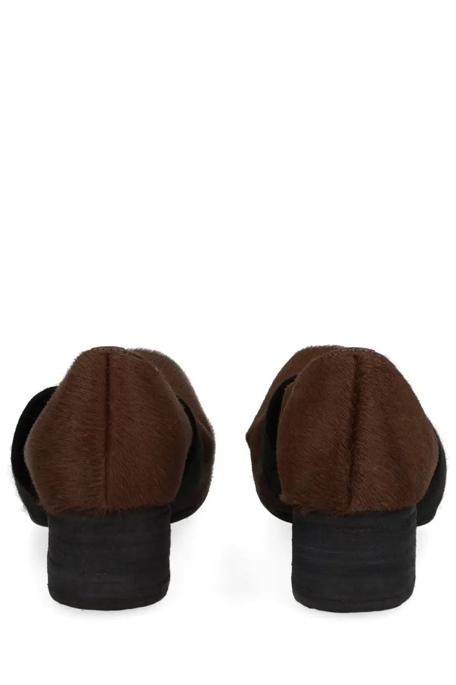Uma wang women’s heeled dancer grey brown and black suede mules with low block heel showing front view