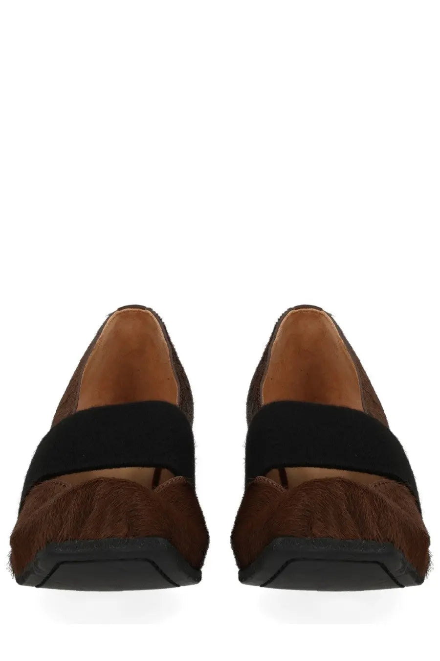 Uma Wang women’s heeled dancer grey brown and black two-tone loafers with fuzzy textured upper and elastic instep strap