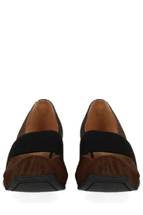 Uma Wang women’s heeled dancer grey brown and black two-tone loafers with fuzzy textured upper and elastic instep strap