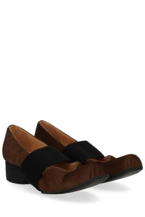 Uma wang women’s heeled dancer grey brown suede and black fabric loafers with low block heel front view