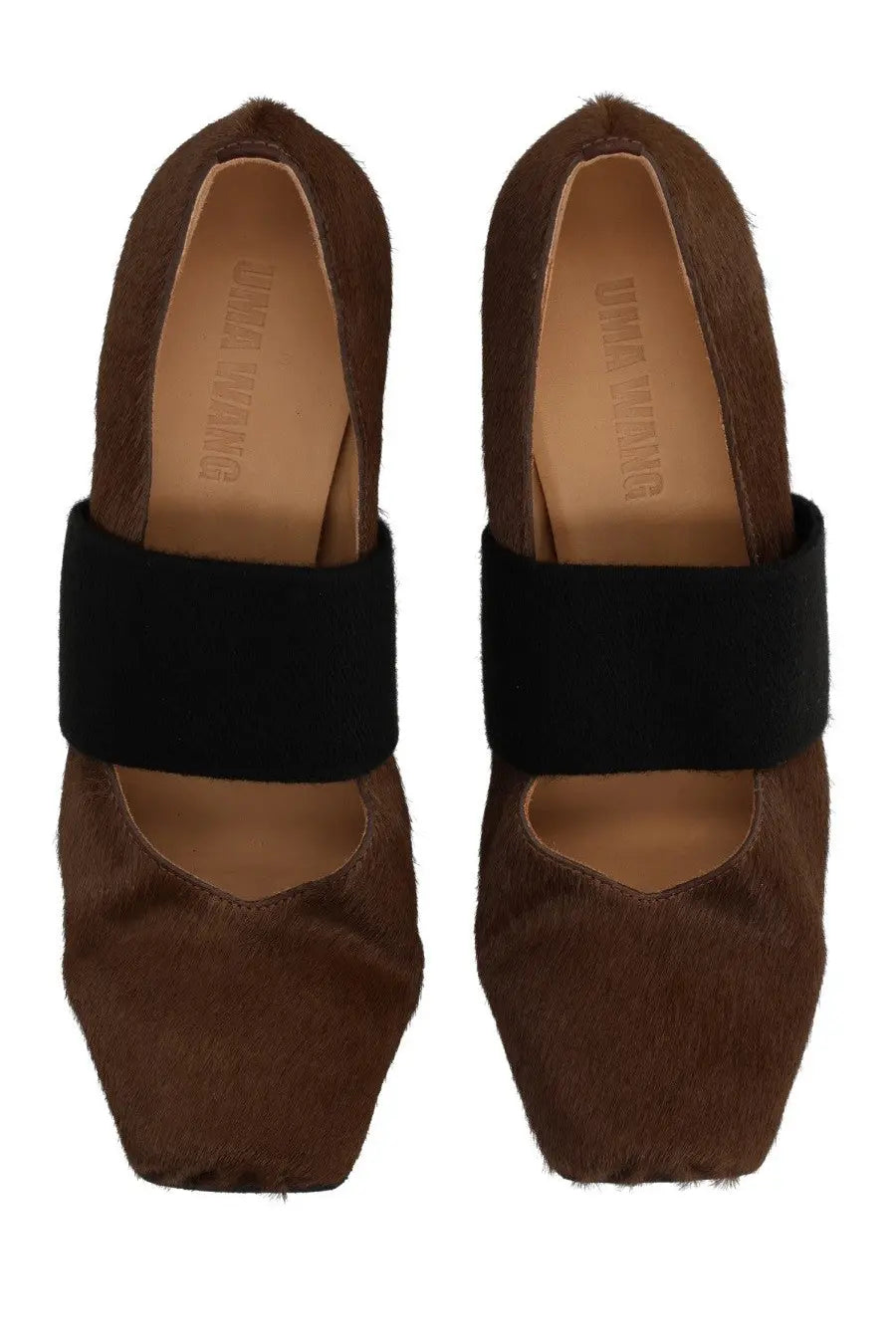 Uma Wang women’s heeled dancer grey in brown suede with a black elastic strap across the instep