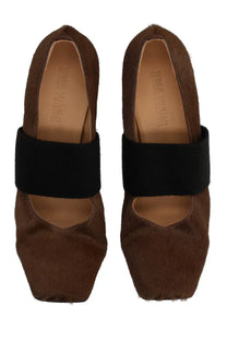 Uma Wang women’s heeled dancer grey in brown suede with a black elastic strap across the instep