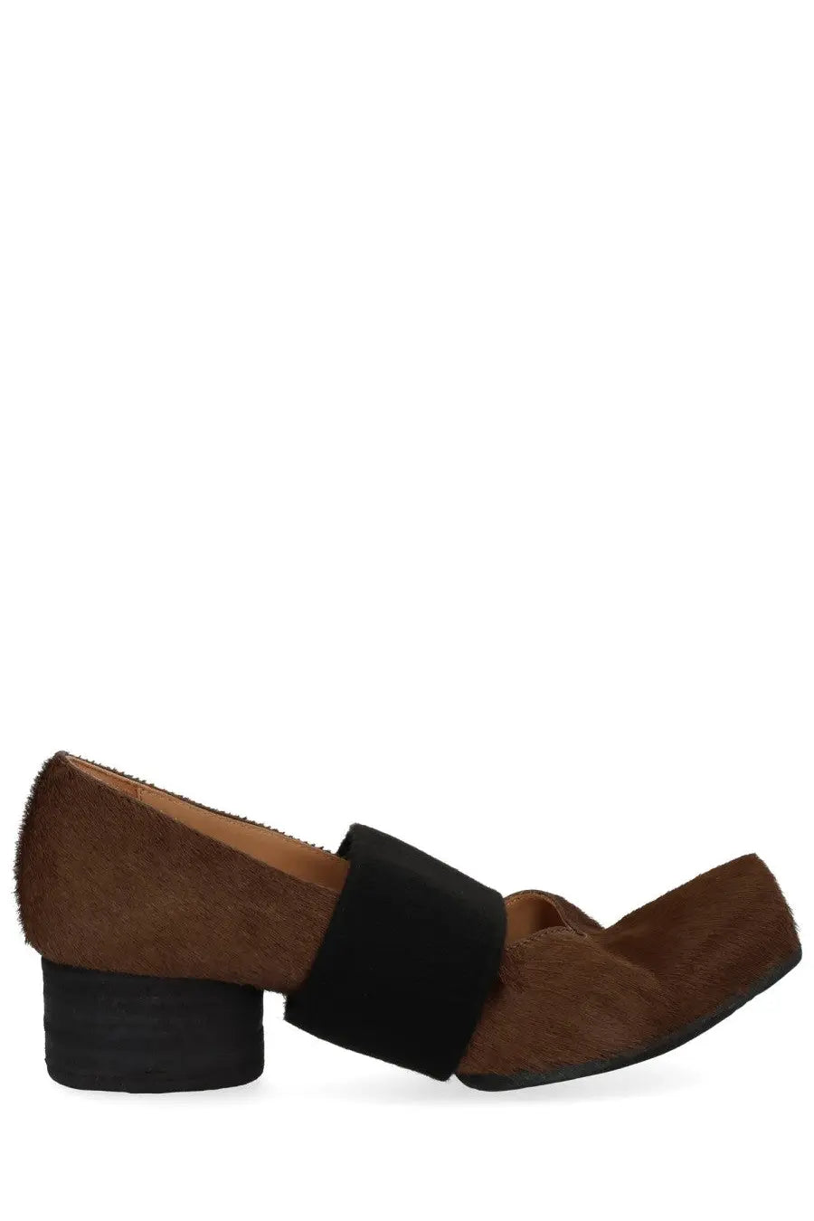Uma Wang women’s heeled dancer grey brown suede loafer with black elastic strap and chunky black heel front view