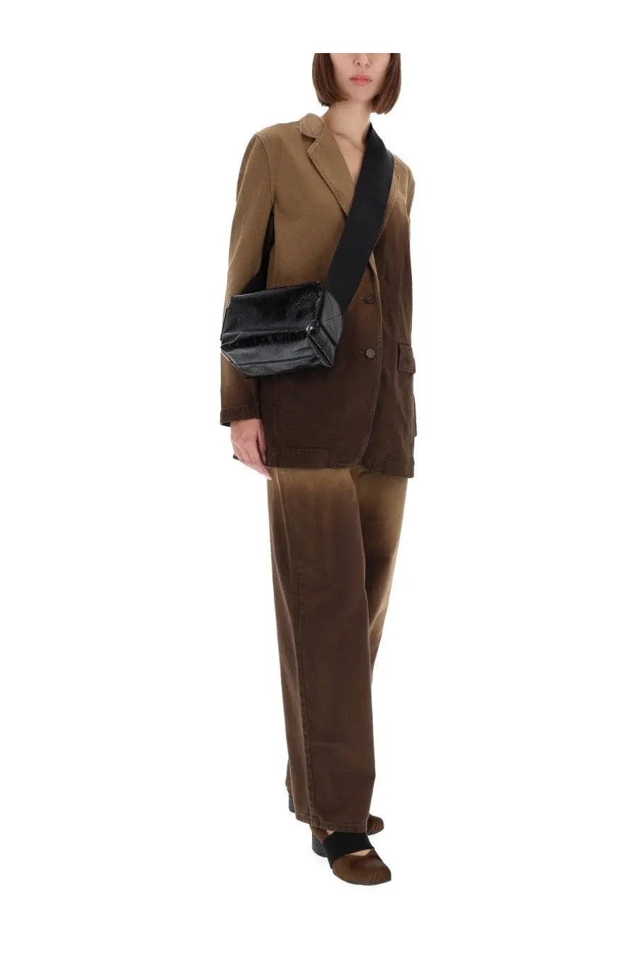 Black glossy crossbody bag with structured rectangular shape and single shoulder strap in uma wang women’s jacket jane multicolor collection