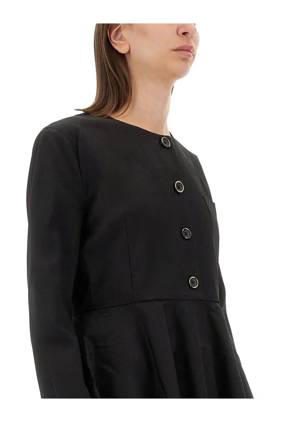 Uma Wang women’s koney shirt black long-sleeved dress with fitted bodice, flared skirt, and gold-edged button details