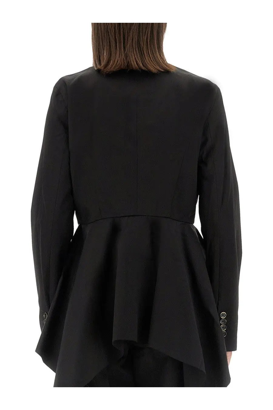 Black peplum blazer with long sleeves and a structured back by Uma Wang shown from the back side